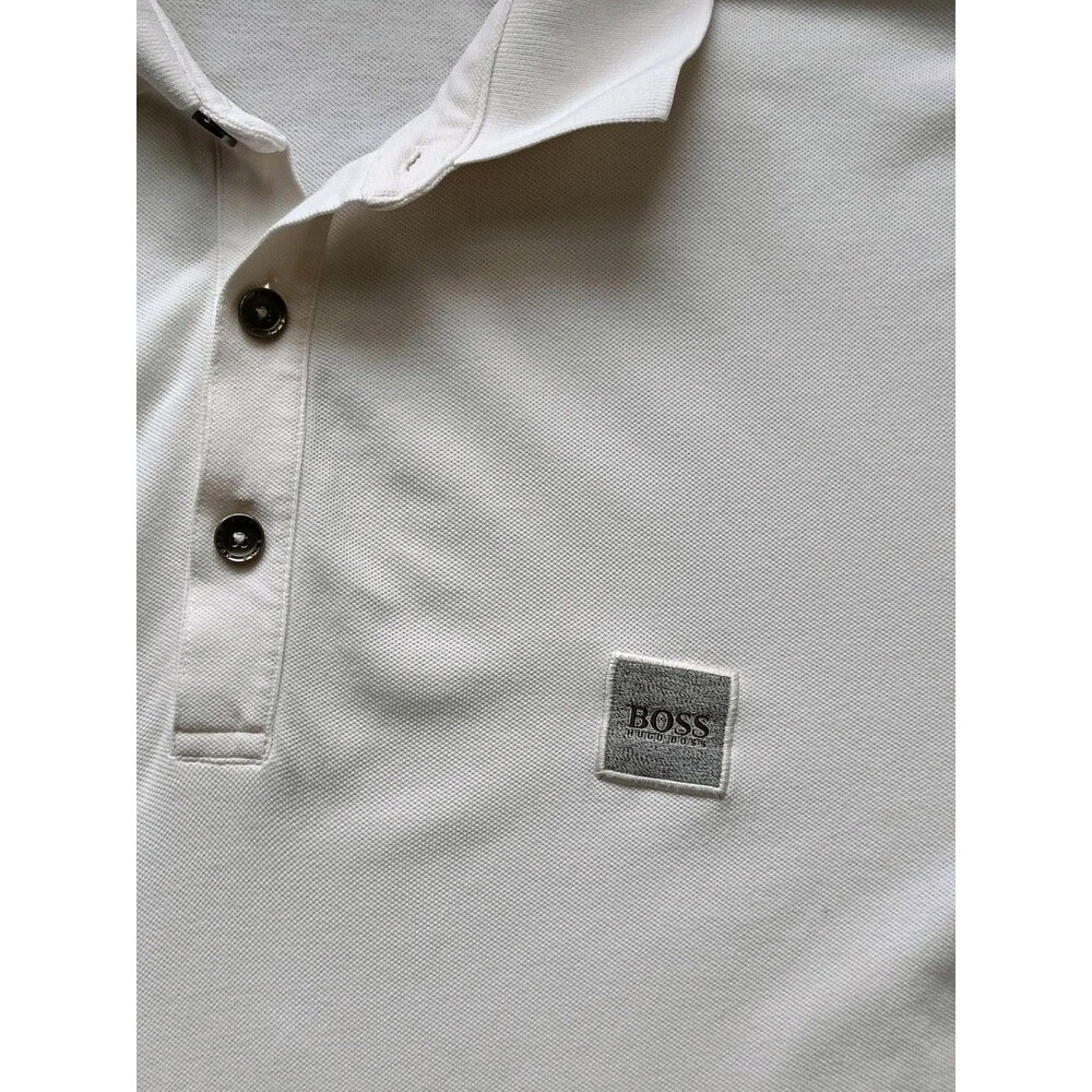 Hugo Boss Polo Shirt Men's Size Large Slime Fit Square Front Patch White Shirt - Picture 2 of 7
